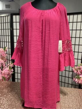 Bright Pink Women's Peasant Dress with Lace Bell Sleeves